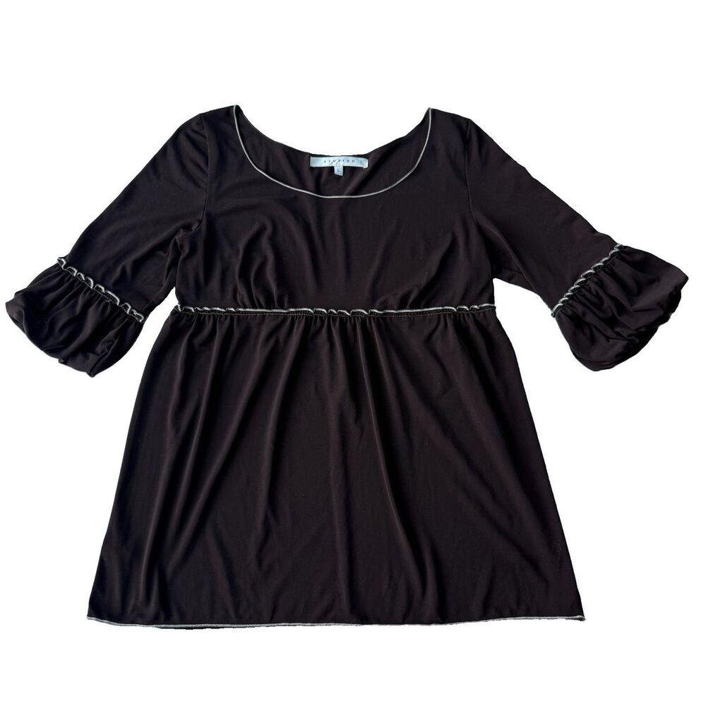 Y2K Brown Babydoll Empire Waist Blouse Sz Large 3/4 Ruffle Bell Sleeve Grunge
